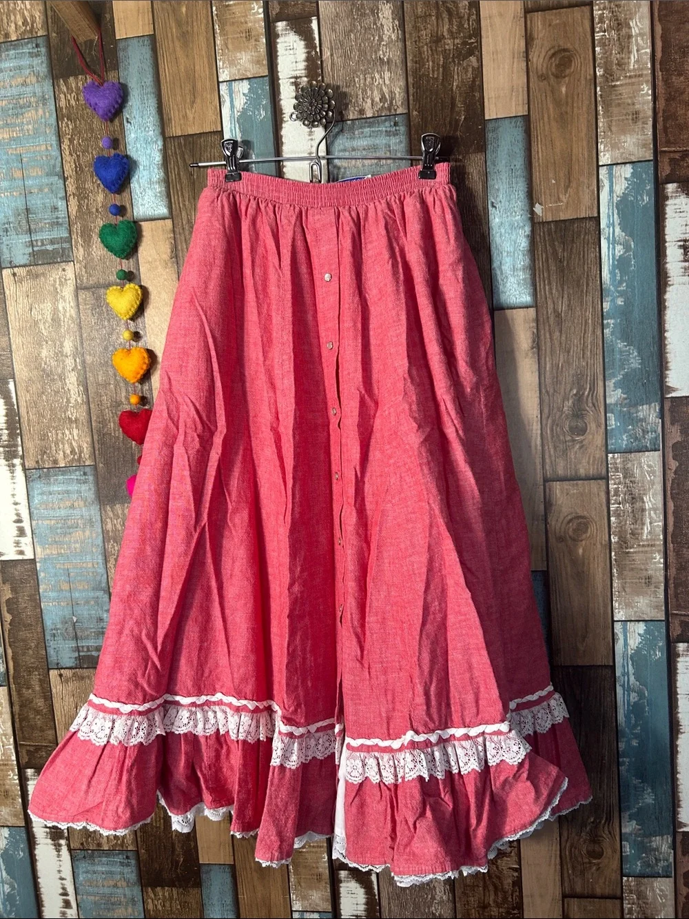 Brand Red Ruffled A-Line Midi Skirt with Lace Trim western - Picture 13 of 16